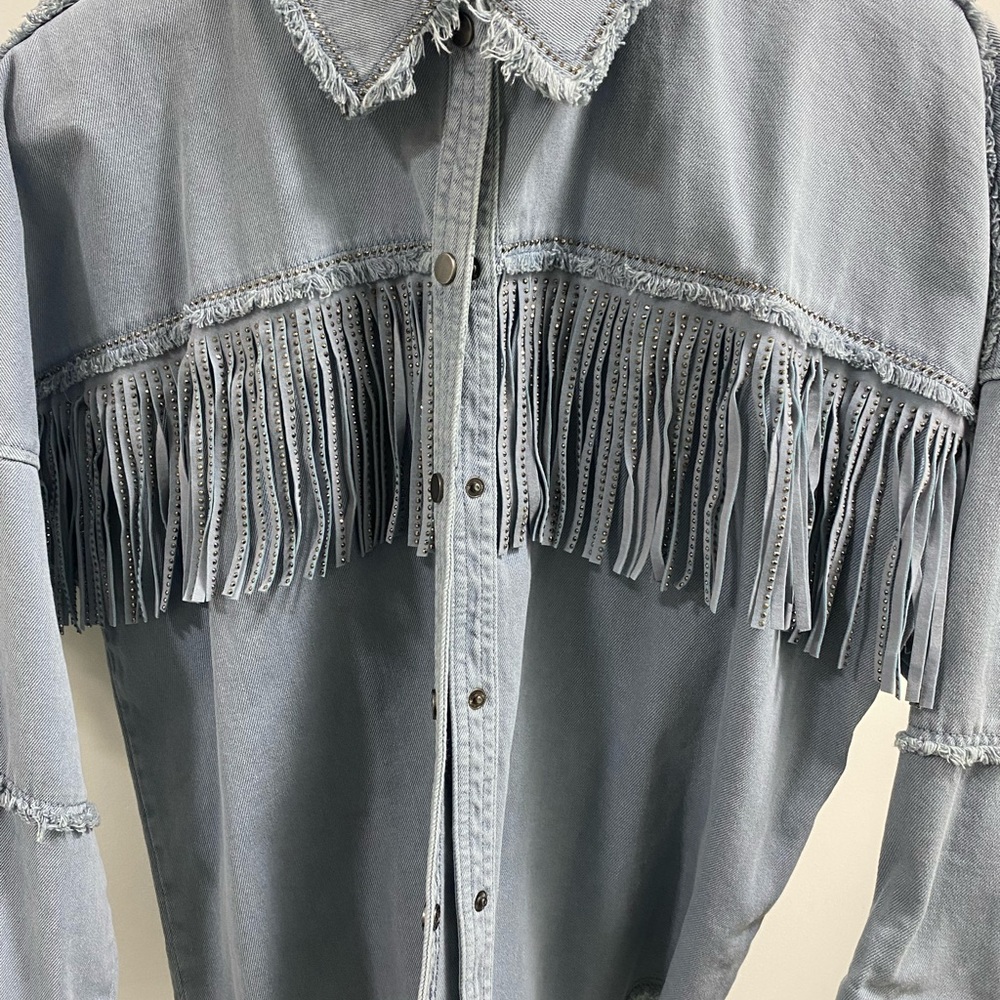 Zara new Light Blue Denim Jacket with Fringe